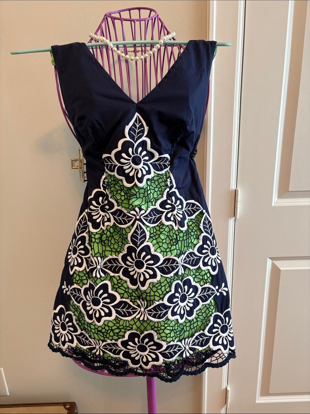 Lilly Pulitzer Navy, Green & White Floral Lace-Overlay Mini Dress